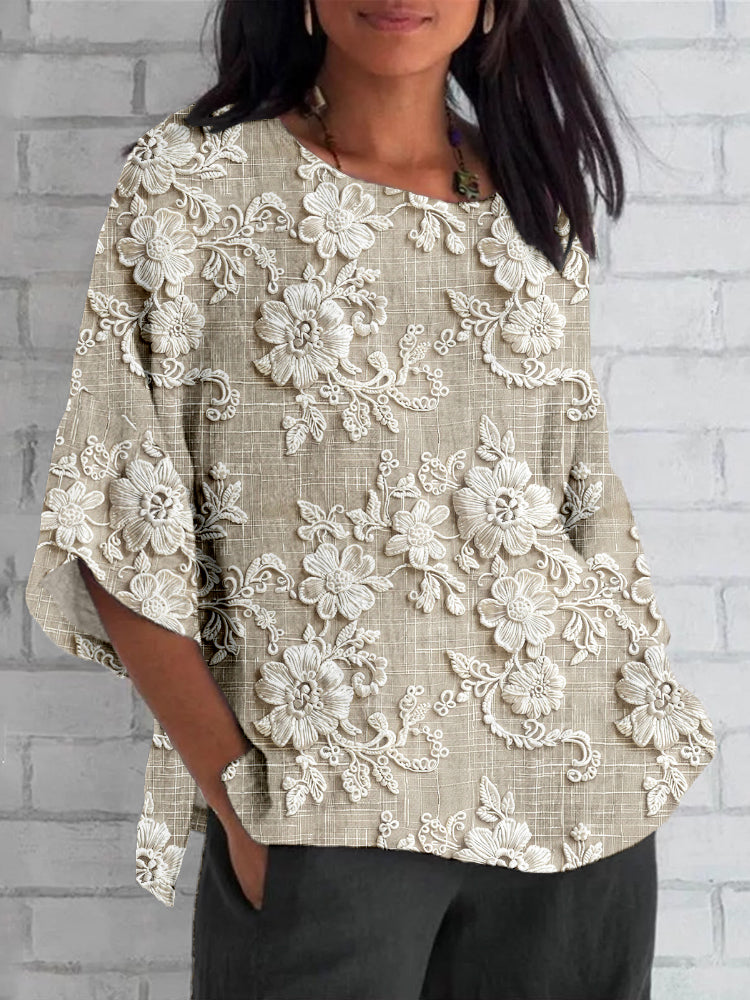 Alira | Top Stampato Vintage Floreale Rilassato Mezza Manica 1