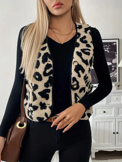 Clara Giubbotto Elegante – Motivo Leopardo, Scollo a V, Leggero e Traspirante-1