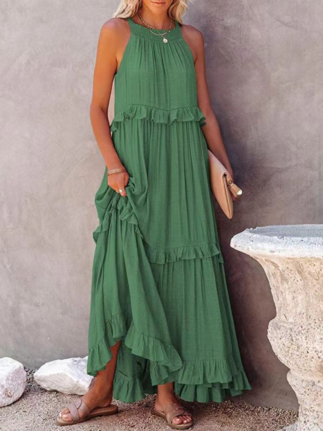 Gina | Maxi abito senza maniche con rouches