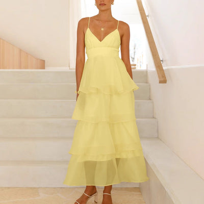 Vanessa | Abito Maxi Elegante con Rouches a Strati e Spalline Sottili