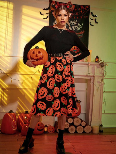 Emilia | Vestito midi di Halloween con stampa di zucche spaventose