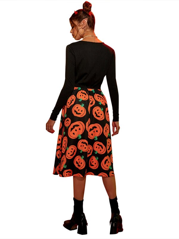 Emilia | Vestito midi di Halloween con stampa di zucche spaventose