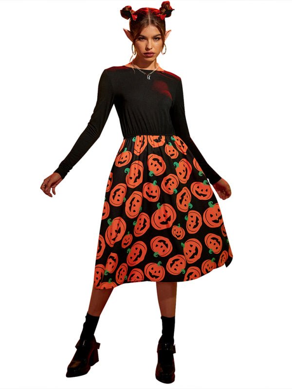Emilia | Vestito midi di Halloween con stampa di zucche spaventose
