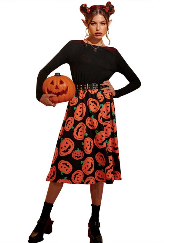 Emilia | Vestito midi di Halloween con stampa di zucche spaventose