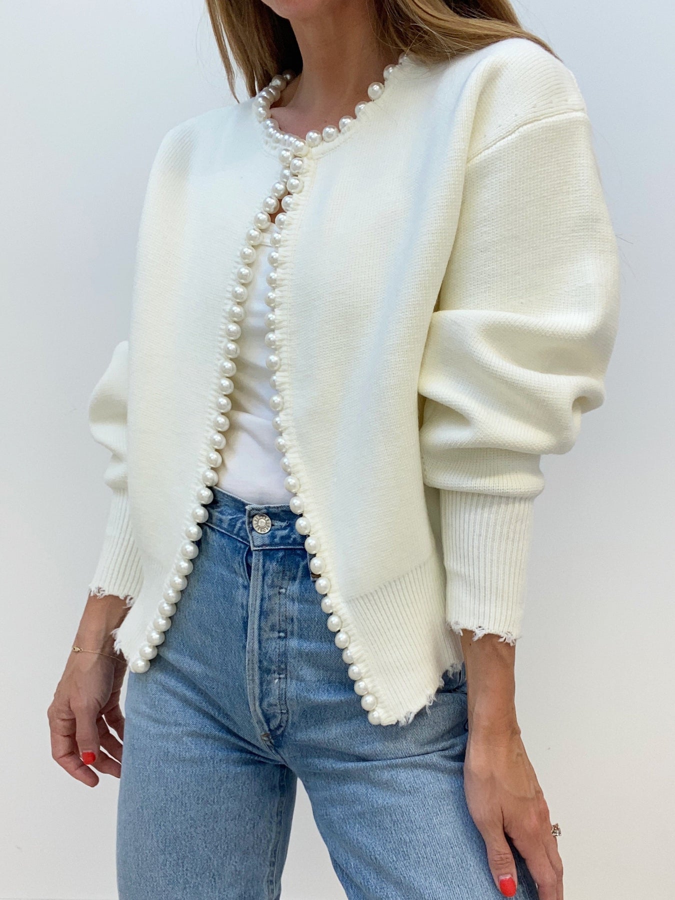 Elecia | Cardigan à ourlet déchiré bordé de perles