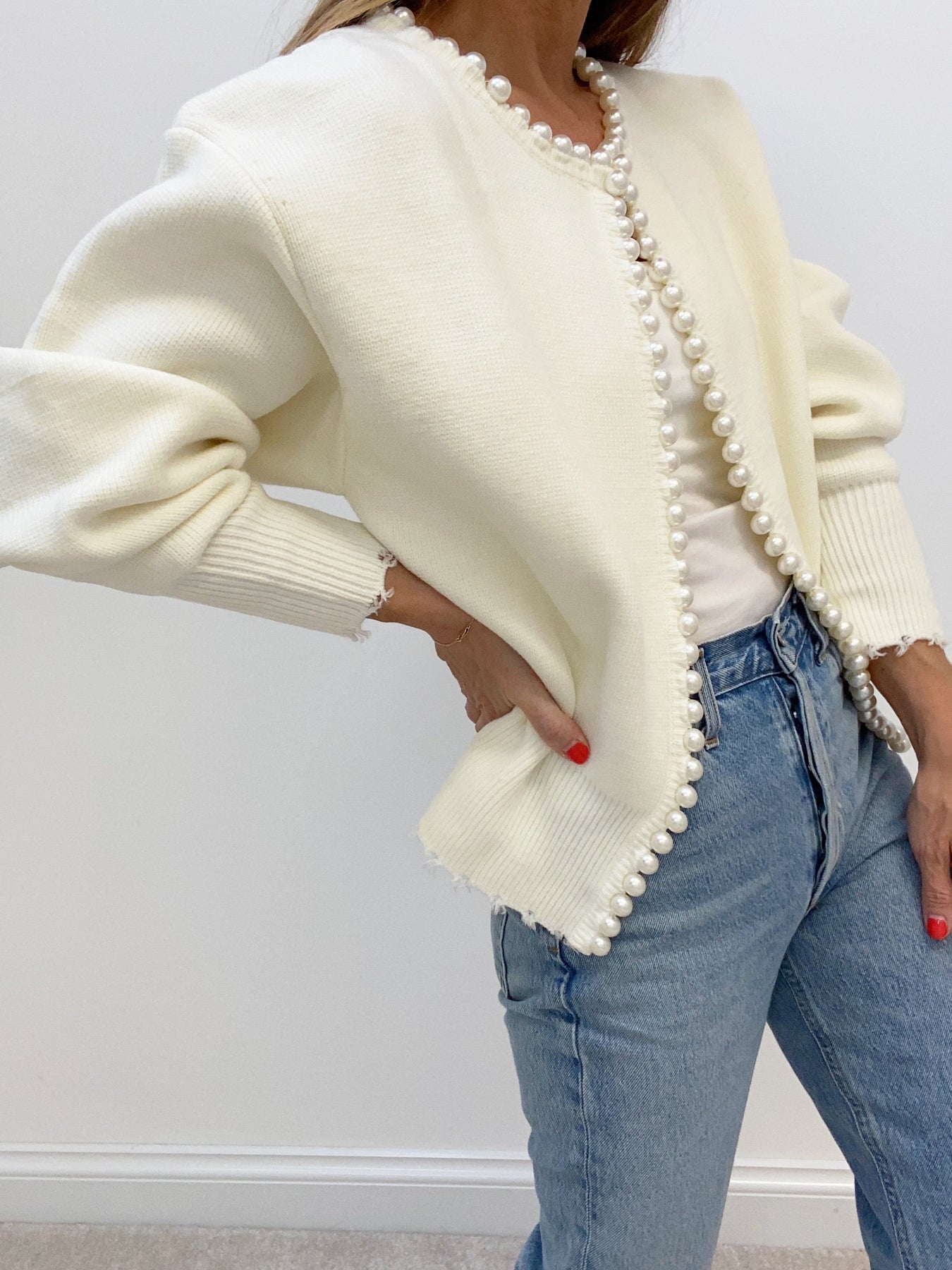 Elecia | Cardigan à ourlet déchiré bordé de perles