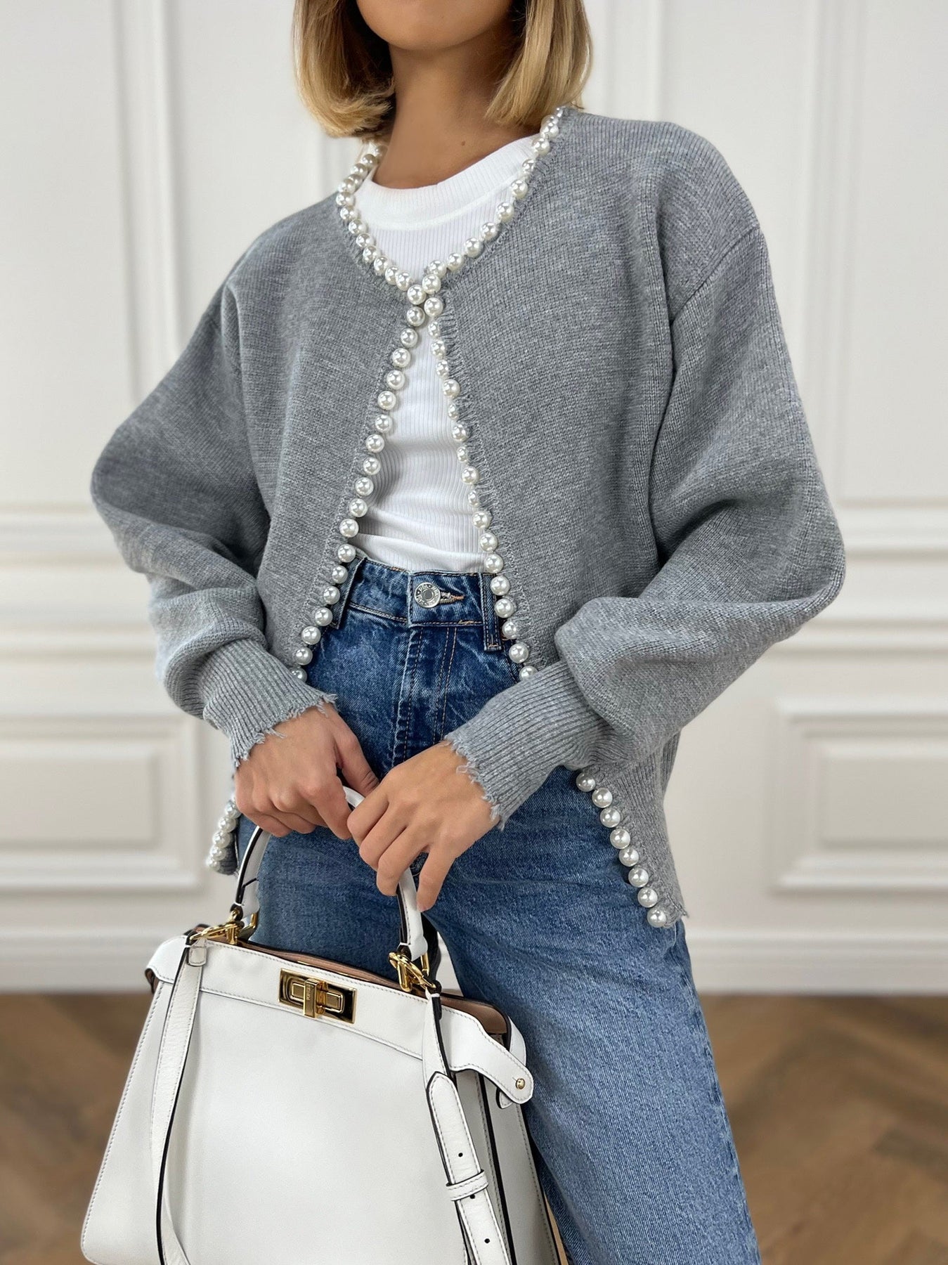 Elecia | Cardigan à ourlet déchiré bordé de perles