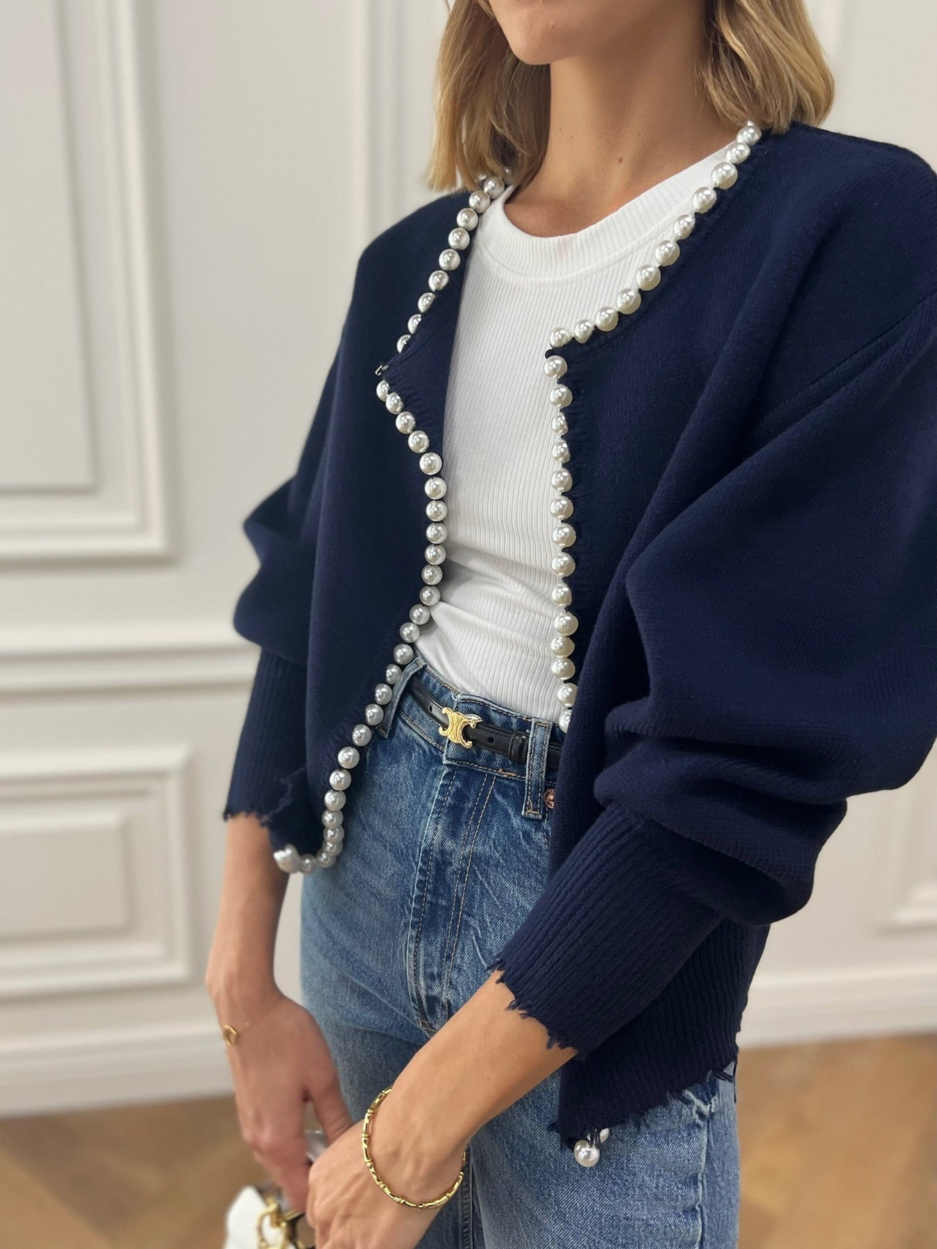 Elecia | Cardigan à ourlet déchiré bordé de perles