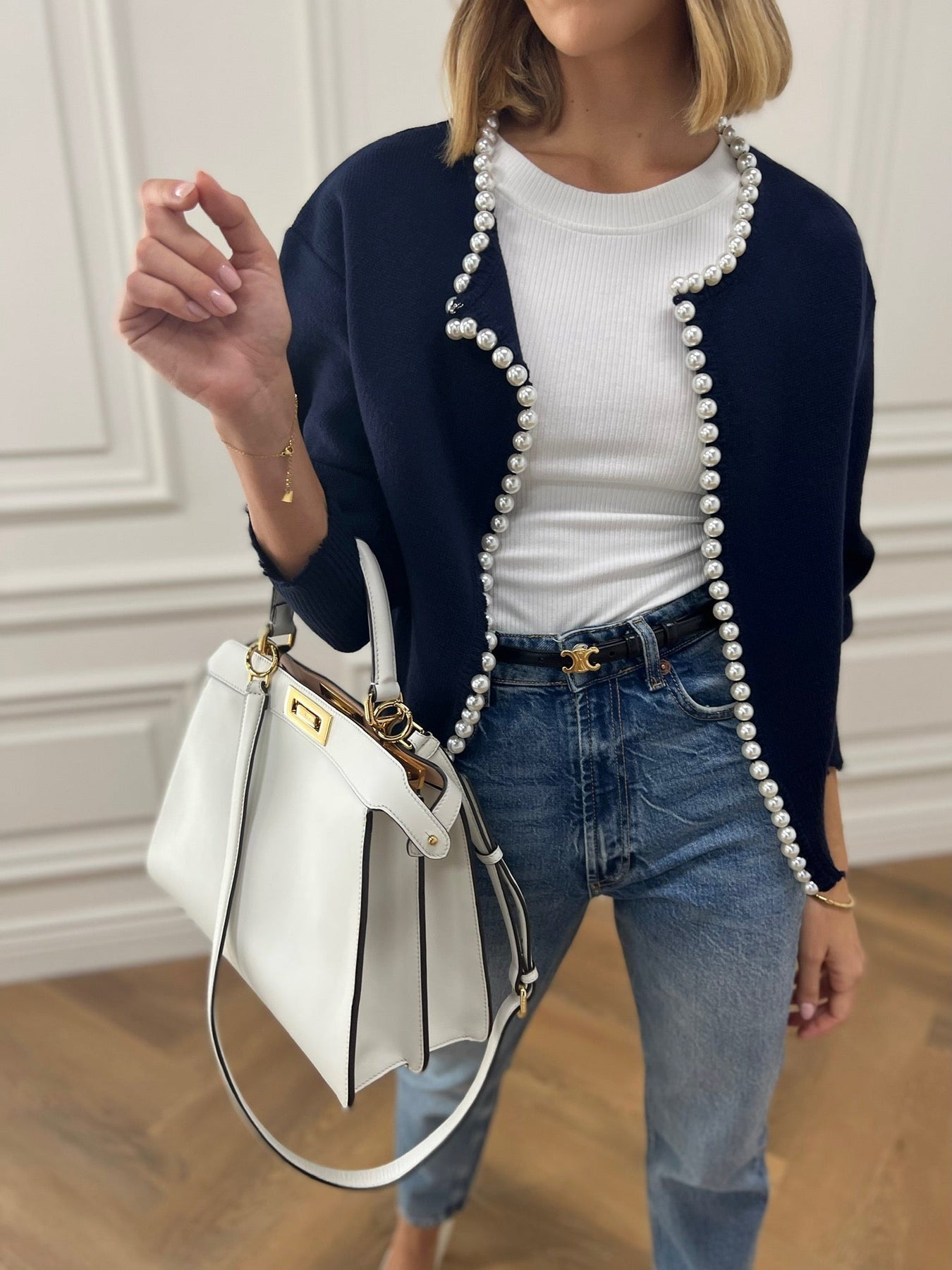 Elecia | Cardigan à ourlet déchiré bordé de perles