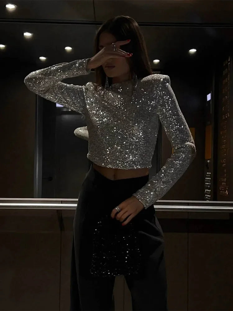 Karolin | Top court à manches longues décoré de paillettes