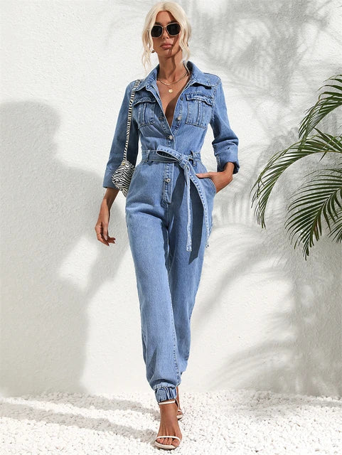 Lena | Tuta in denim a maniche lunghe con cintura