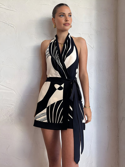 Luna | Abito Donna Elegante Mini con Stampa Astratta e Scollatura Halter-4