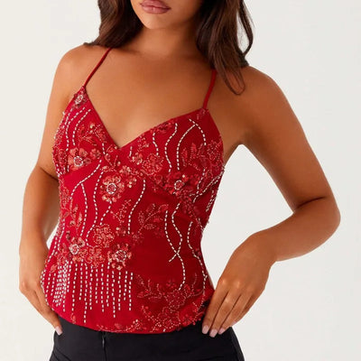 Variant image for Luna | Top Cami in Rete con Ricami Floreali in Paillettes-16