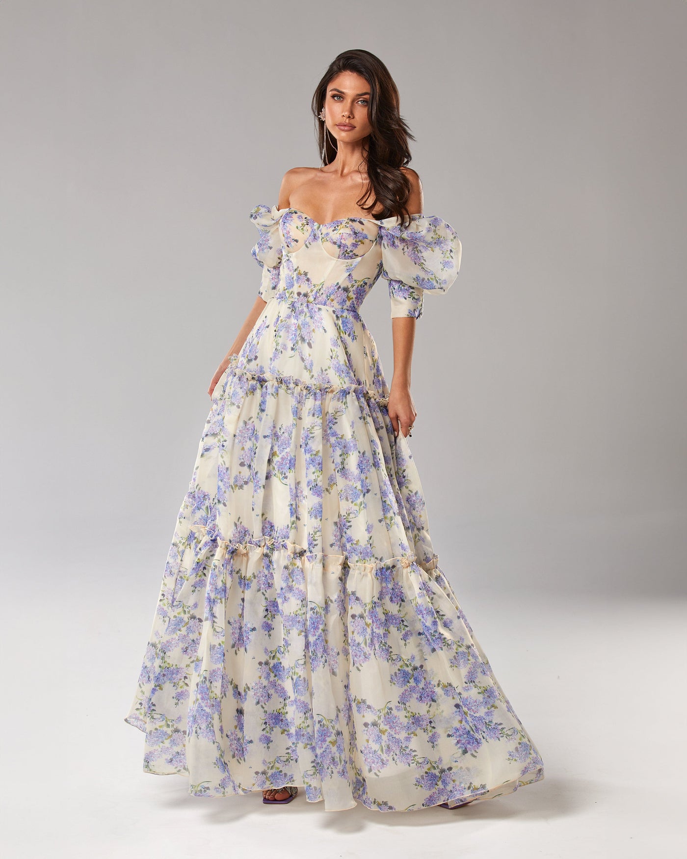 Luna | Abito Cerimonia Donna Floreale Maxi Con Maniche Voluminose-1