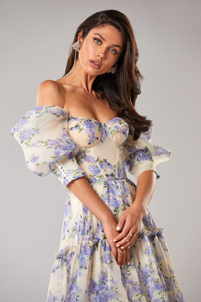 Luna | Abito Cerimonia Donna Floreale Maxi Con Maniche Voluminose-2