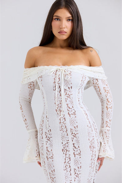Luna | Abito Maxi in Pizzo Floreale Off-the-Shoulder Elegante-5