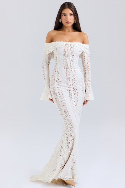 Luna | Abito Maxi in Pizzo Floreale Off-the-Shoulder Elegante-3