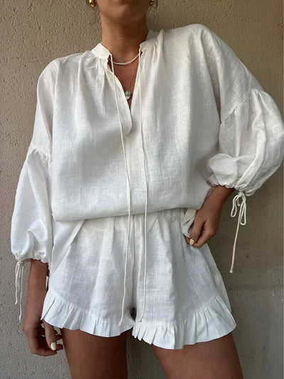 Luna | Set Tuta Donna Ruffle Relaxed Fit con Pantaloncini e Maniche Regolabili-4