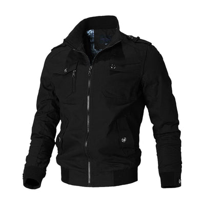 Voorkant rode, zwarte, blauwe, beige en groene stijlvol bomber jack voor heren