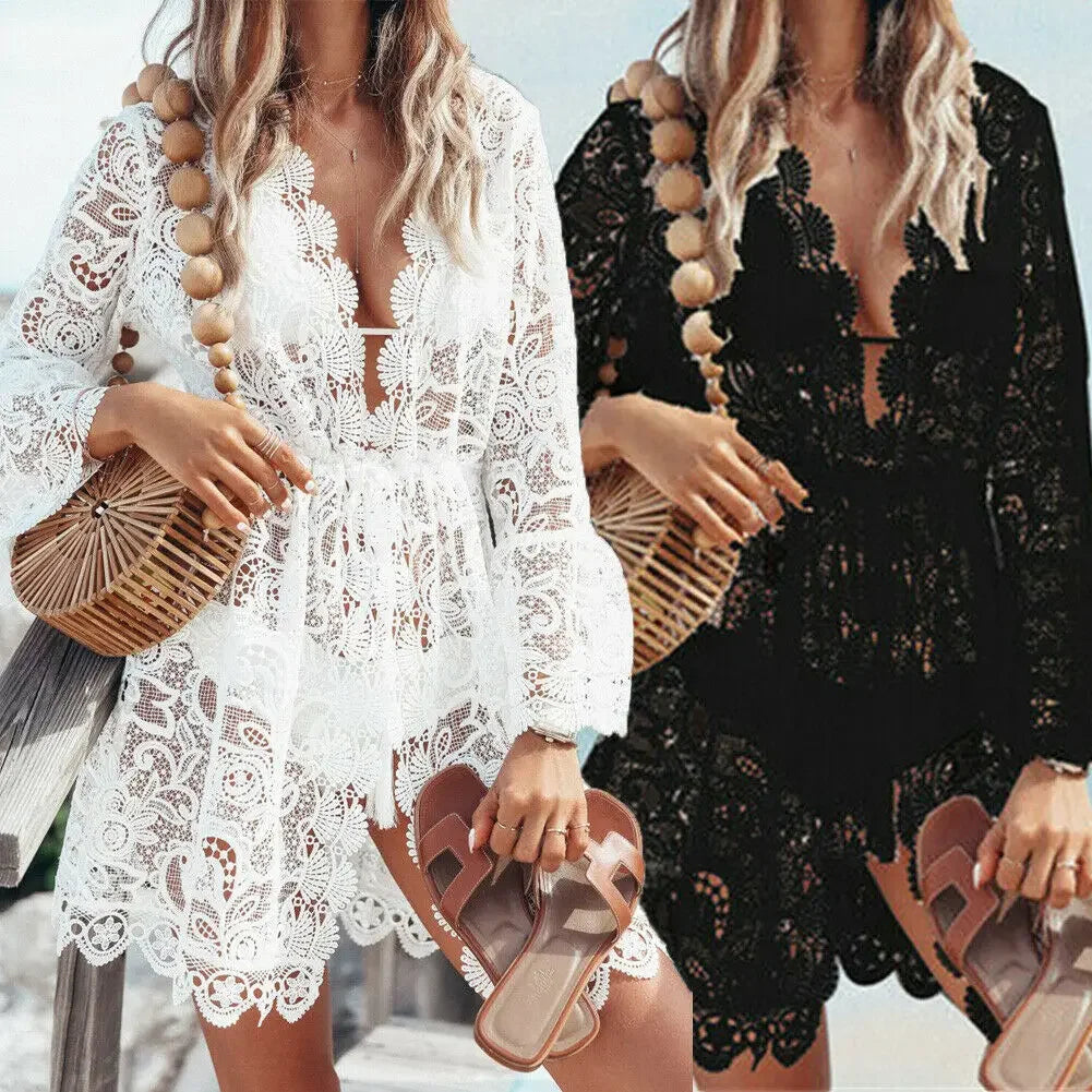 Boho V Neck Lace Dress | Abito da Spiaggia Elegante con Dettagli in Pizzo-5