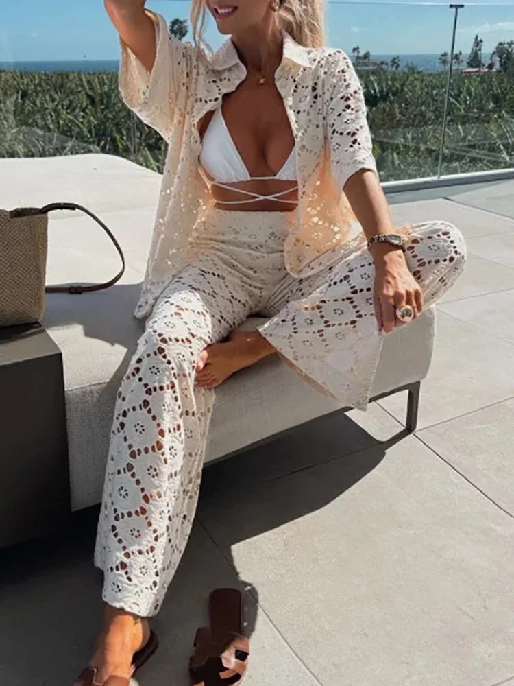 Livia | Set di Abbigliamento Chic in Pizzo con Pantaloni a Gamba Larga-4