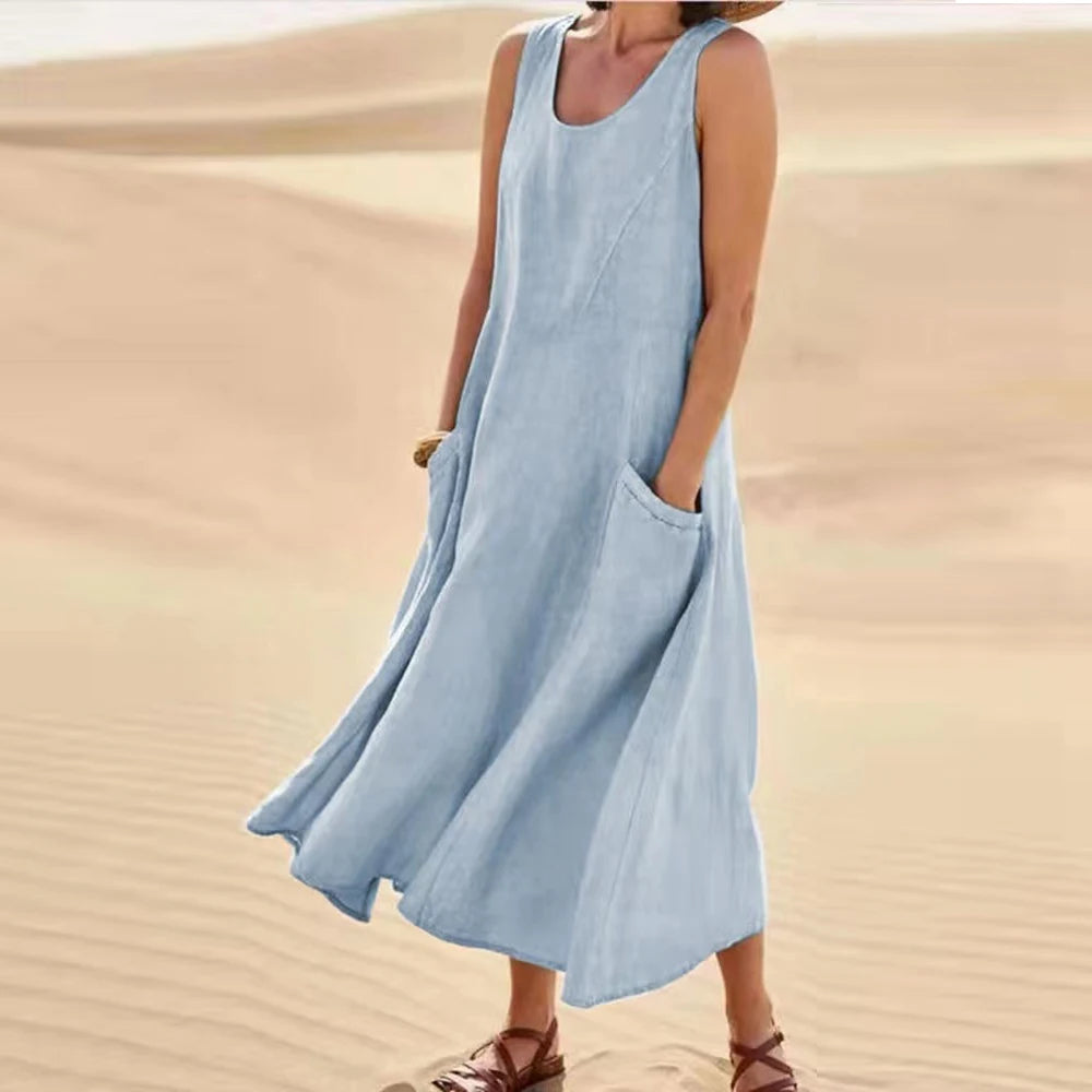 Lino Chic | Abito Lungo Estivo Donna in Lino di Cotone con Tasche-4