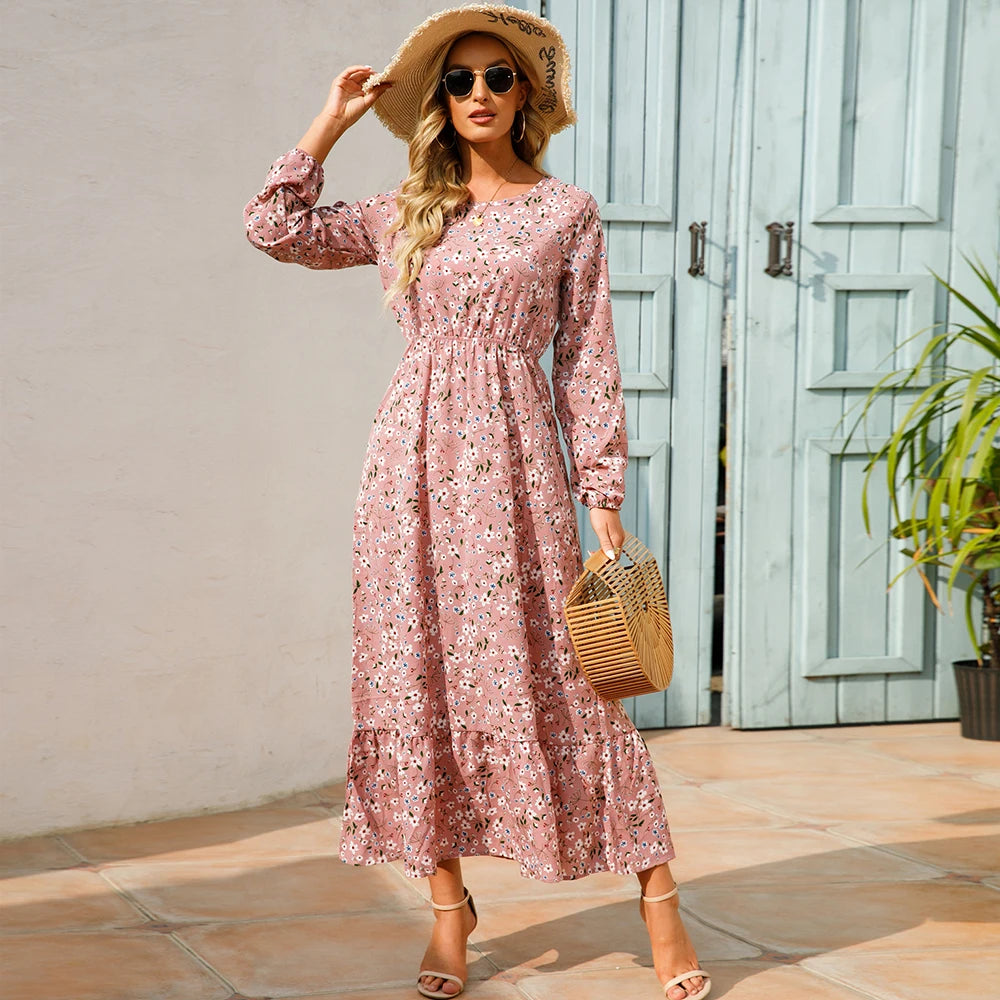 Sole | Abito Donna Maxi Bohémien Floreale in Chiffon con Maniche Lunghe-1