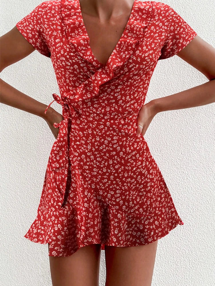 Galassia | Mini Abito Floreale Elegante con Scollo a V e Design A-Line-1