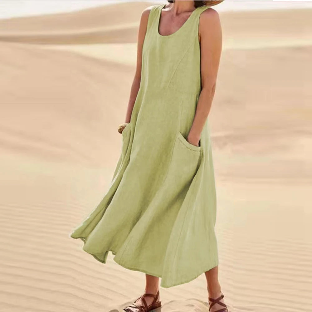 Lino Chic | Abito Lungo Estivo Donna in Lino di Cotone con Tasche-3