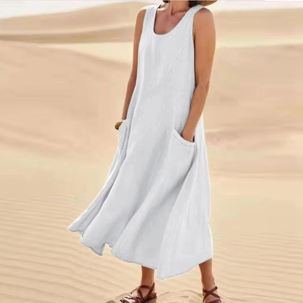 Lino Chic | Abito Lungo Estivo Donna in Lino di Cotone con Tasche-1