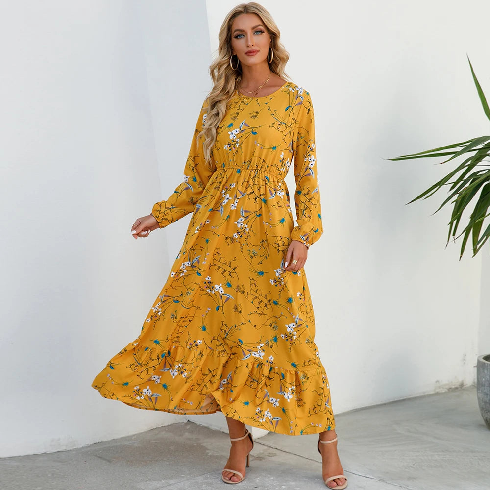 Sole | Abito Donna Maxi Bohémien Floreale in Chiffon con Maniche Lunghe-5