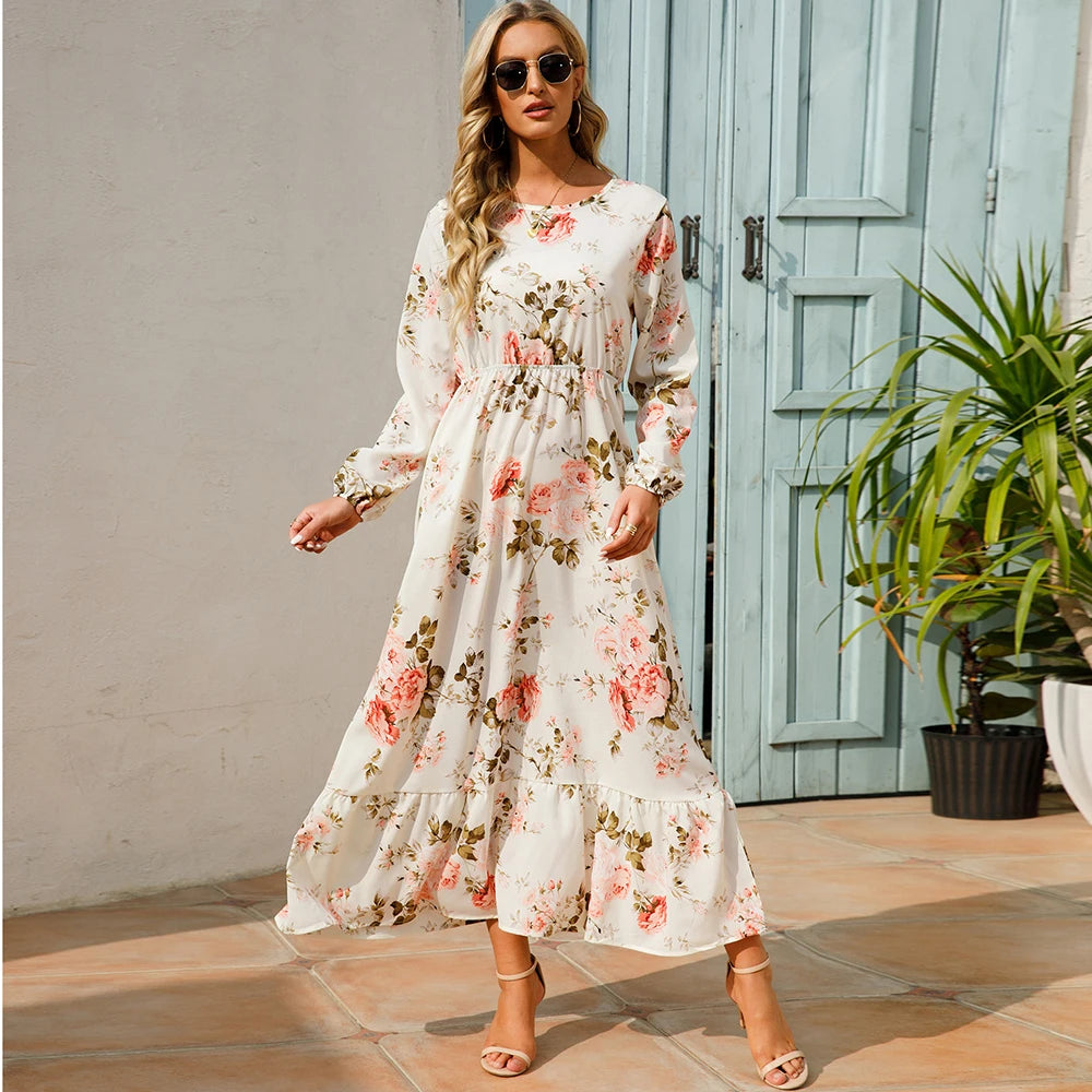 Sole | Abito Donna Maxi Bohémien Floreale in Chiffon con Maniche Lunghe-3