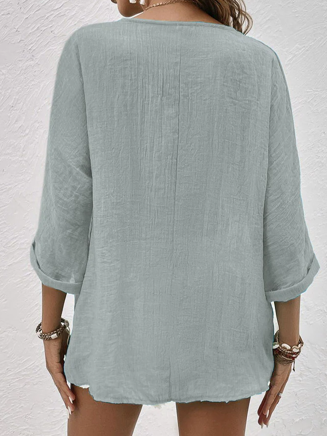 Clara | Camicia Lino Blu Uomo Elegante Scollo a V Casual 3