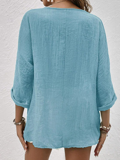 Clara | Camicia Lino Blu Uomo Elegante Scollo a V Casual 2