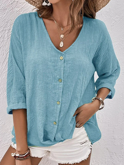 Clara | Camicia Lino Blu Uomo Elegante Scollo a V Casual 1