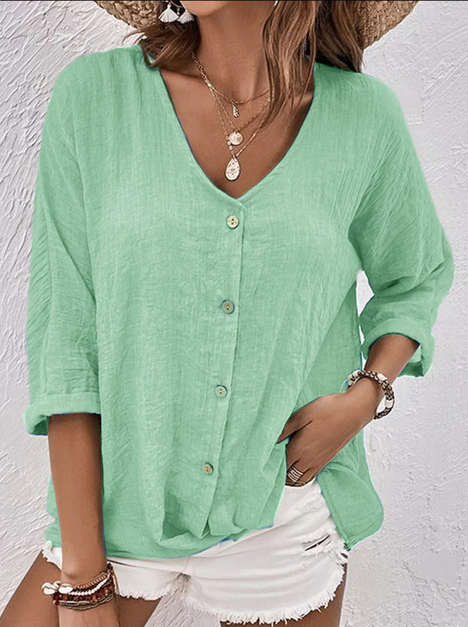 Clara | Camicia Lino Blu Uomo Elegante Scollo a V Casual 6