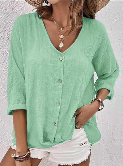 Clara | Camicia Lino Blu Uomo Elegante Scollo a V Casual 6