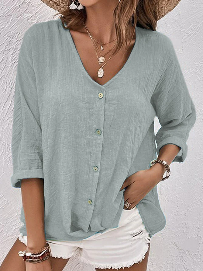 Clara | Camicia Lino Blu Uomo Elegante Scollo a V Casual 5