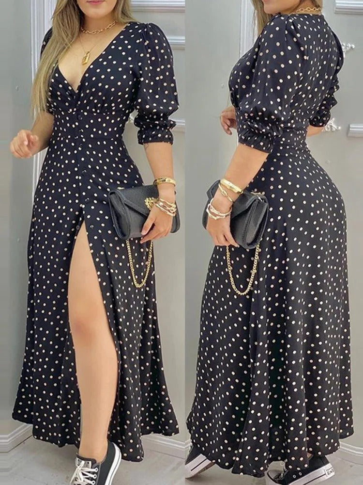 Amara | Abito spaccato a pois eleganti
